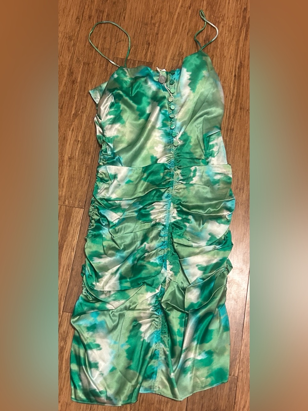 GANNI Ruched printed silk-blend satin mini dress Green Original Price $375 - Picture 8 of 8